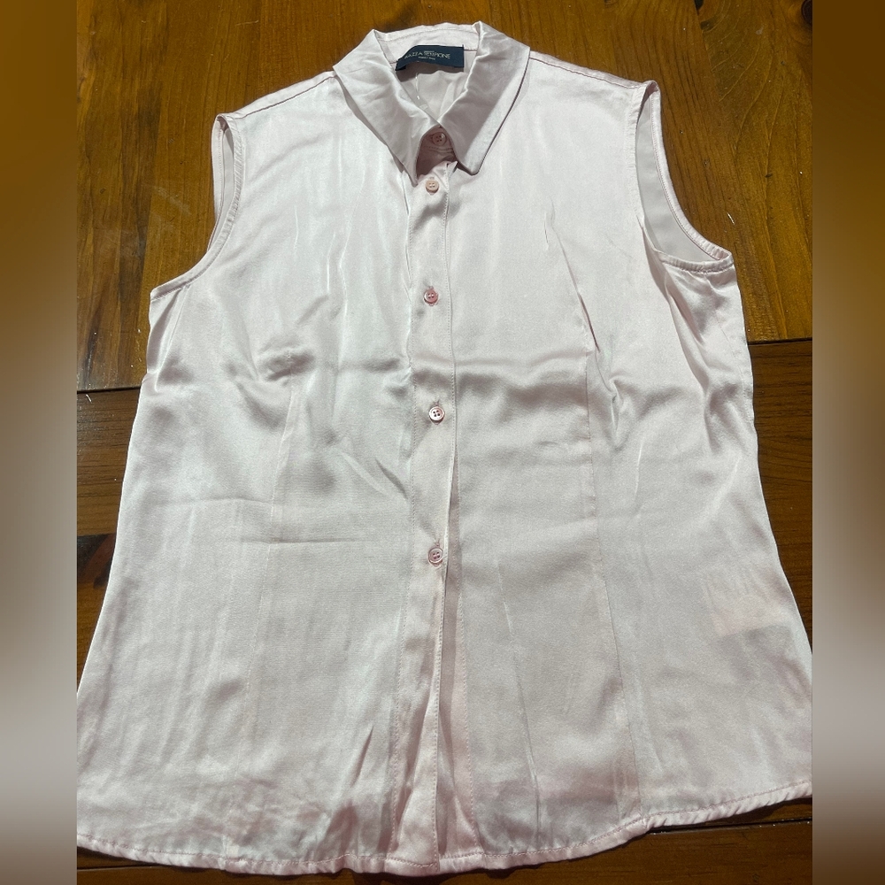 Piazza Sempione Made In Italy Womens Light Pink Silk Button Up Sleeveless Blouse